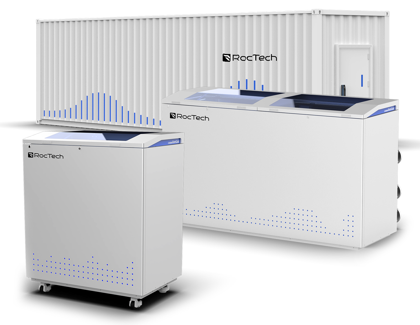 RocTech liquid-cooled units: a containerised module, a twin-window immersion unit and a compact unit on casters